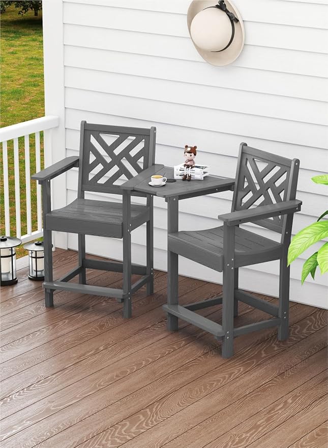 Tall Adirondack Chairs Set of 2, Outdoor 24'' Counter Height Bar Stools with Back and Arms, All-Weather HDPE Patio Tall Chairs for Balcony, Backyard, Garden, Deck (Grey)