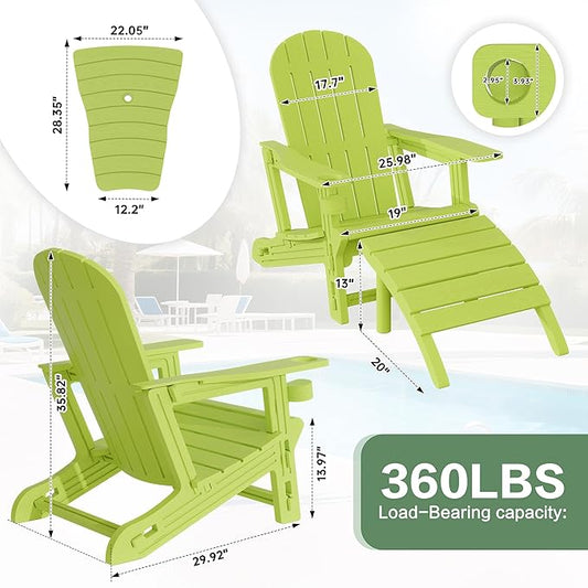 JY QAQA Outdoor Adirondack Chair Set of 2 with Detachable Table & Ottoman, All-Weather HDPE Patio Furniture with Wood Texture & Cup Holder for Patio, Poolside, Garden, Green