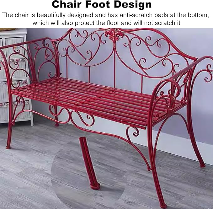 Metal Garden Bench, 52 in Outdoor Benches Weatherproof with Backrest and Armrests, 2 Seats Patio Benches for Front Porch, Patio, Park, Yard(Red)