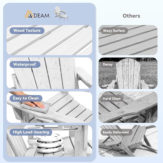 Mdeam 3-Level Adjustable Adirondack Chair with Retractable Ottoman, HDPE All-Weather Folding Fire Pit Chair with 2 Cup Holders, Outdoor Chair for Deck Patio Garden Backyard Lawn (White)