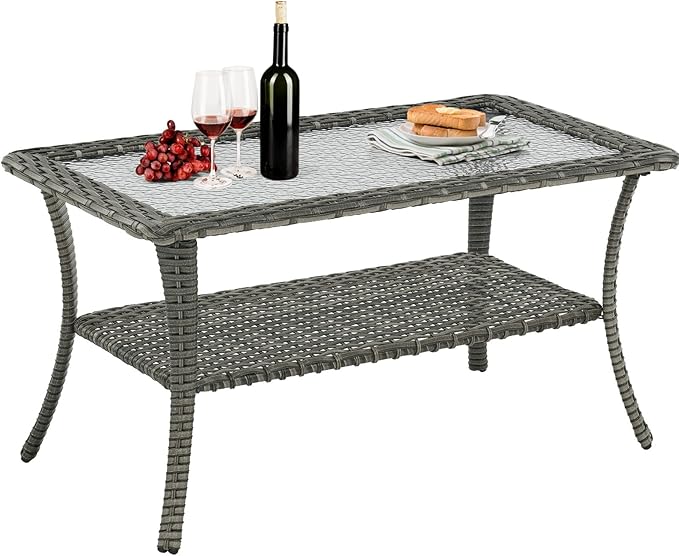 Belord Outdoor Coffee Table for Patio - 40 Inch Rattan Patio Coffee Table with 2-Layer Storage, Rectangular Tempered Glass Outdoor Wicker Table for Porch Balcony Deck Grey