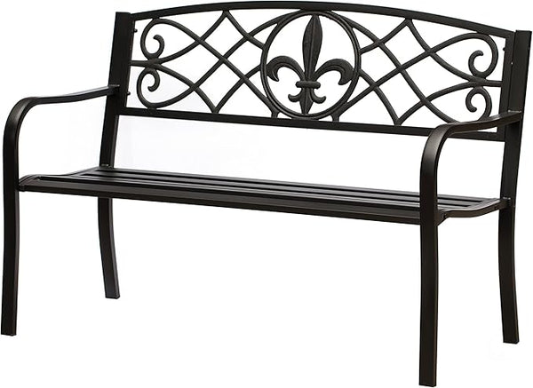 Outdoor Garden Patio Steel Park Bench Lawn Decor with Cast Iron Unique Design Back, Black Seating Bench for Yard, Patio, Garden, Balcony, and Deck