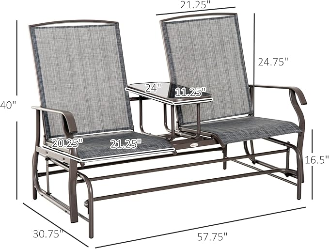 GOWE Outdoor Glider Bench with Center Table, Metal Frame Patio Loveseat with Breathable Mesh Fabric and Armrests for Backyard Garden Porch, Gray