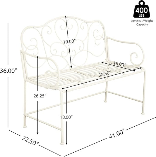 Merax 41 Inch Outdoor Garden Bench, Iron Metal Frame Patio Park Bench with Curled Decorative Pattern Backrest, Outside Bench for Front Porch Path Yard Lawn Backyard for 2 Person Seat, White