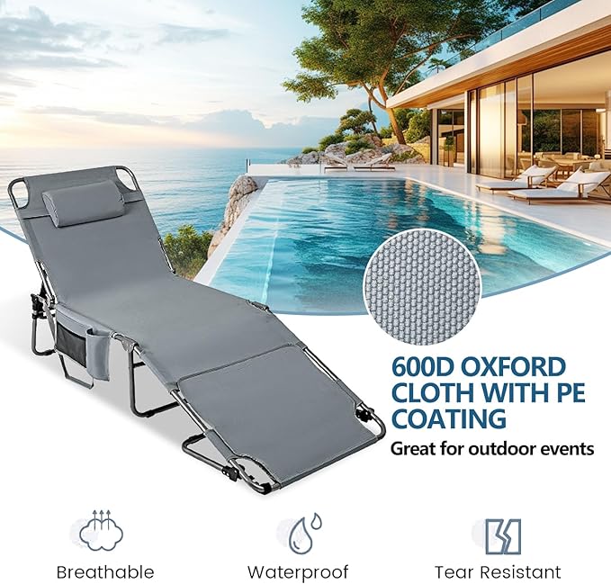 Tanning Chair with Face Hole, Adjustable Folding Chaise Lounge Chairs for Outside with Detachable Pillow & Pocket,Portable flat beach chairs for sunbathing, beach lawns camping (Deep Grey, Standard)