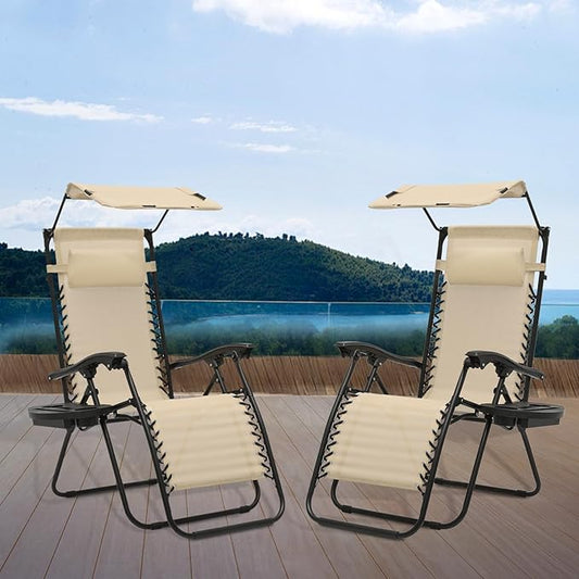 Athena Collection Patio Chairs Set of 2 Reclining Lounge Chair with Cup Holder and Pillow Fabric Camping Chairs with Canopy Foldable Beach Chairs for Garden, Park, Deck, Yard, Poolside, Cream