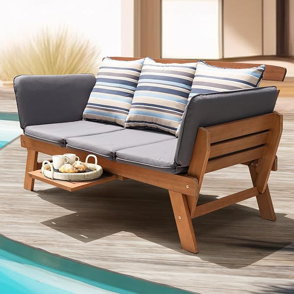 IDZO Amelie Outdoor Daybed Sofa: 750lbs Max Weight Support, Sleeper Chair with Armrest, Coffee Tray, 3 Pillows, FSC Wood - Photo 1
