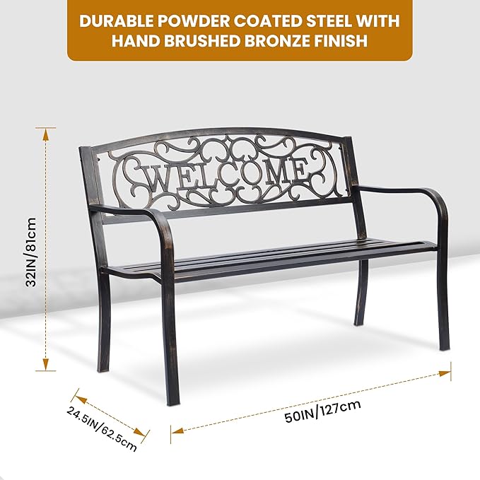 Welcome Metal Park Patio Bench, Outdoor Bench in Bronze for Porch, Lawn, Garden, Deck by Sun-Ray