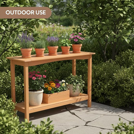 Outdoor Console Table, 48'' 2-Shelf SideTable Indoor/Outdoor Use, Multifunctional Buffet Table Bar Storage Organizer for Entryway,Yard, Weatherproof HIPS Patio Plant Stand Table, Brown