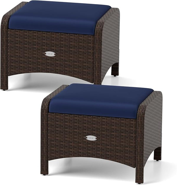 Tangkula 2 Pieces Outdoor Patio PE Wicker Ottomans with Removable Cushions, Outdoor Furniture for Additional Seating - Photo 1