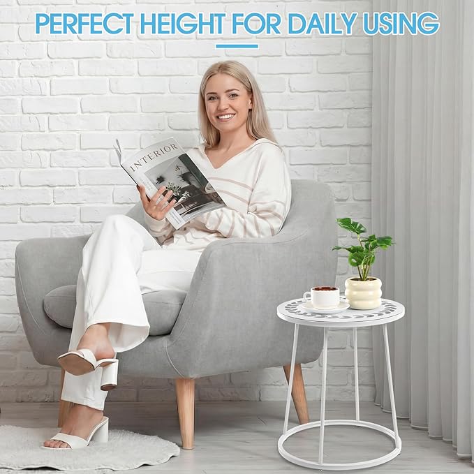 Outdoor Side Table with Flower Cut Outs 14" Weather Resistant Metal Patio Side Tables Small Plant Stand Round Outdoor End Table for Patio Outside Porch Balconies Garden(White,Simple)