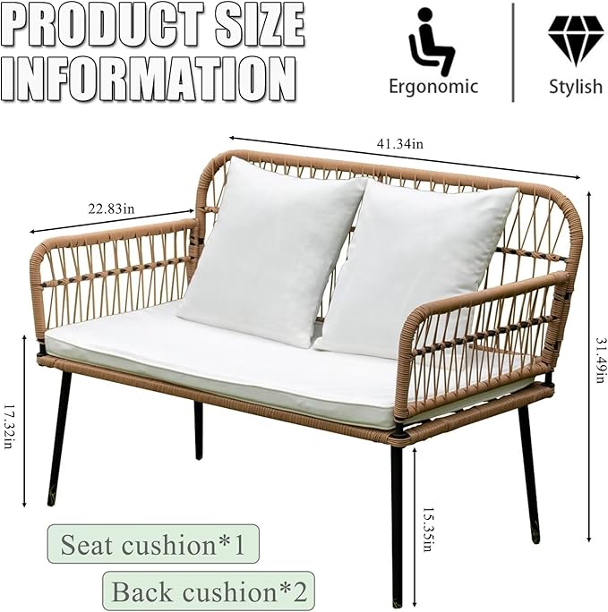 Homsido 41'' Outdoor Patio Loveseat,Patio Furniture Small Boho Outdoor Rattan Woven 2-Seat Chairs Wicker Sofa Garden Conversation Balcony Chair for Yard,Pool or Backyard, Porch