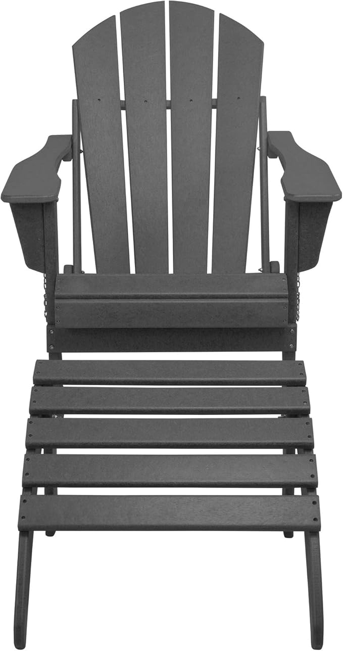 WestinTrends Malibu Outdoor Lounge Chair, 2-Pieces Adirondack Chair Set with Ottoman, All Weather Poly Lumber Patio Lawn Folding Chairs for Outside Pool Garden Backyard Beach, Gray