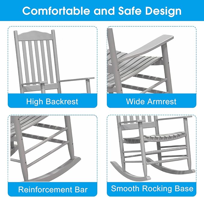 D&F Design Outdoor Rocking Rocker, Wood Rocking Chair with High Back and Curved Seat, UV Treated (Gray), Outoor and Indoor use