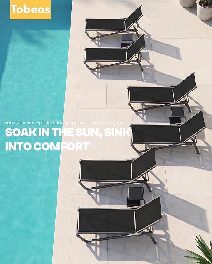 Outdoor Chaise Lounge Chair Set of 2 with Side Table, 5-Position Adjustable Patio Lounge Chair with Aluminum Frame, Textilene Fabric Pool Loung Chairs for Poolside, Deck, Backyard (Black)
