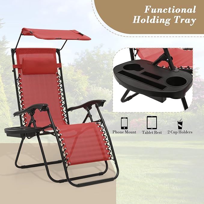 Athena Collection Patio Chairs Set of 2 Reclining Lounge Chair with Cup Holder and Pillow Fabric Camping Chairs with Canopy Foldable Beach Chairs for Garden, Park, Deck, Yard, Poolside, Maroon