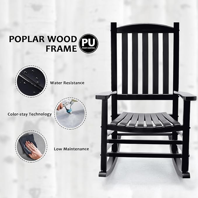 Wooden Rocking Chair Outdoor Oversized Porch Rocker Chair,Patio Wooden Rocker with High Back and Armrest,All Weather Rocker Slatted for Backyard,Garden,400 lbs Support,Black
