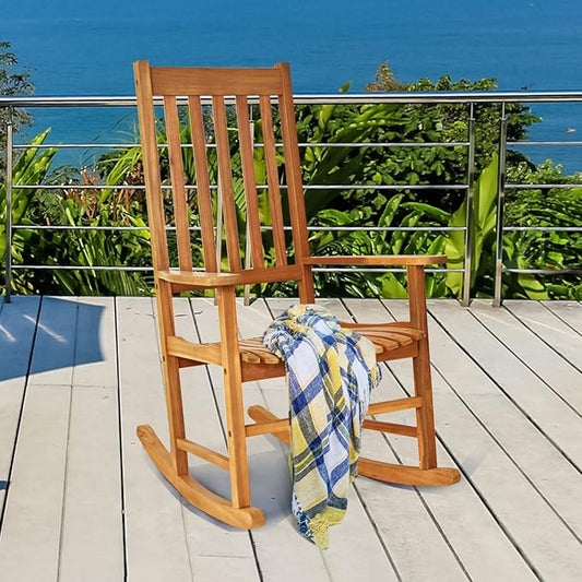 Tangkula Acacia Wood Porch Rocking Chair Set, Wooden Rocking Chair Rocker with High Back & Armrest for Indoor Outdoor Use, Patio Rocker for Garden Lawn Balcony Backyard Poolside (2, Teak)