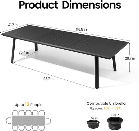 118" Aluminum Patio Dining Table with Umbrella Hole, Rectangle All-Weather Outdoor Table for 10 Slatted Design for Lawn, Backyard, Garden, Black