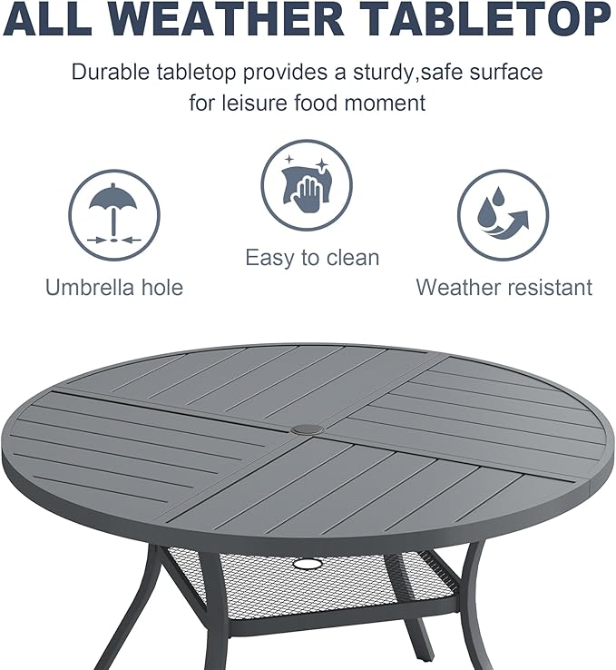 VICLLAX 47.2" Round Patio Dining Table for 4-6, All Weather Metal Outdoor Table with 1.57" Umbrella Hole and Storage Shelf for Garden Lawn Deck, Dark Grey