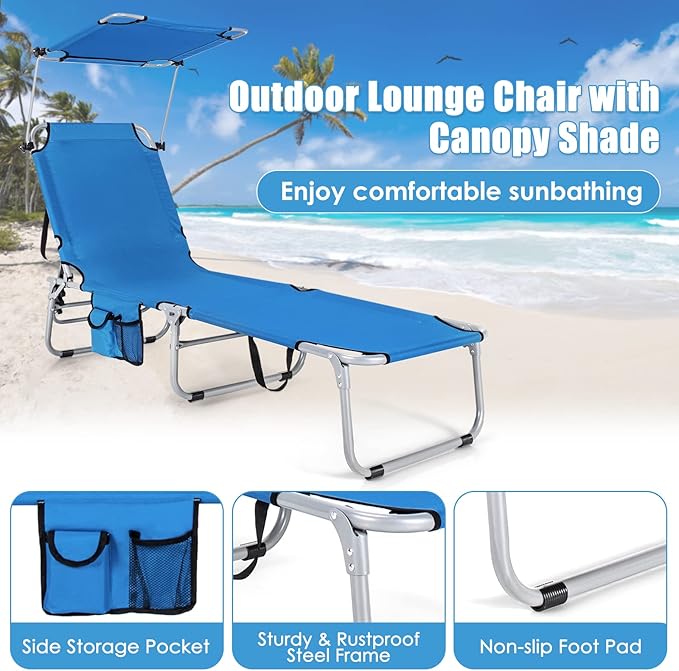 GYMAX Tanning Chair, Beach Lounge Chair with Canopy Sunshade, Carry Handle & Pocket, 5 Level Adjustable Layout Chaise Lounge for Outside, Folding Sunbath Chair for Outdoor, Patio, Poolside (2, Blue)