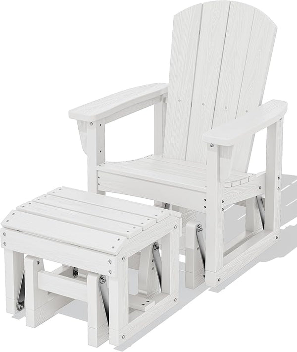 SERWALL Outdoor Glider Chair with Ottoman, HDPE Wood-Like Patio Glider Set All-Weather Porch Glider for Outside, White - Photo 1