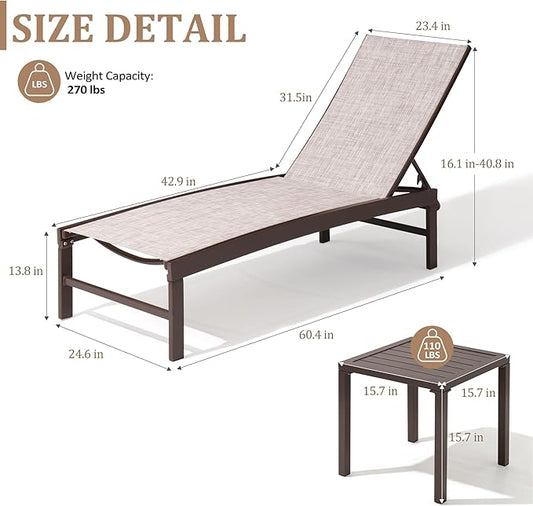 Patio Chaise Lounge Chair Set, 3PCS Outdoor Recliner Lounge Chair with Side Table, All Weather Chaise with 5 Adjustable Backrest and Lay Flat Positions for Garden, Balcony, Pool