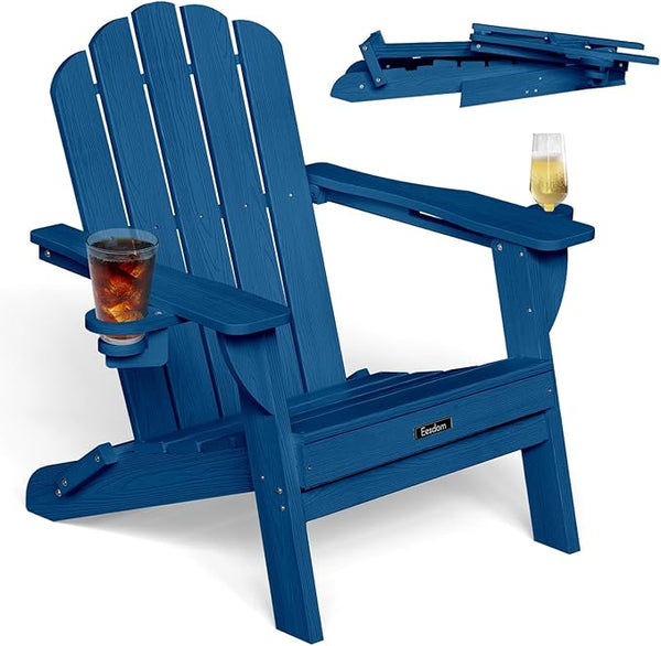 Folding Adirondack Chair, HDPE Adirondack Chair with 2 Cup Holders, Pre-Assembled Outdoor Fire Pit Chairs for Patio - Photo 1