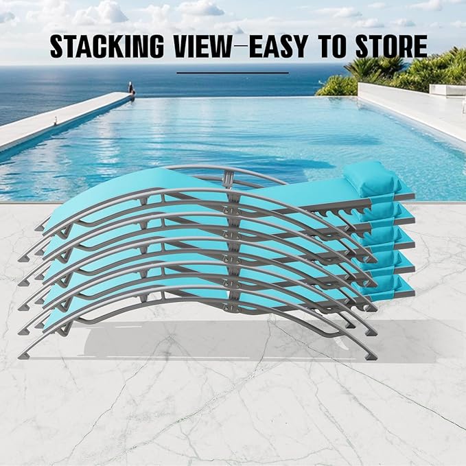 Domi Pool Lounge Chairs Set of 2, Adjustable Aluminum Outdoor Chaise Lounge Chairs, All Weather for Deck Lawn Poolside Backyard -Lake Blue Textilene