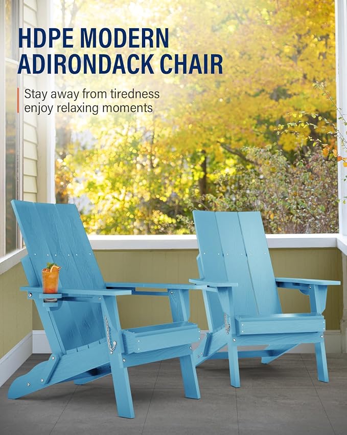 Adirondack Chair with Cup Holder: Folding Adirondack Chairs Plastic HDPE Material Furniture - Modern Composite Fire Pit Chairs Foldable for Outdoor/Backyard/Garden/Lawn/Deck/Porch/Patio