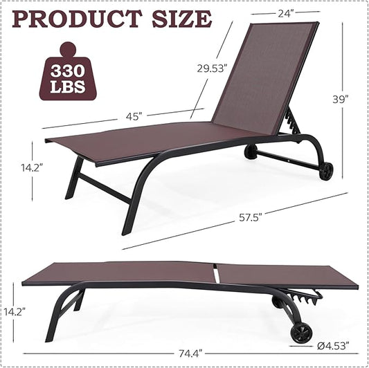 EROMMY Patio Chaise Lounge Chair Set of 2 with Wheels, Oversized 26" W Outdoor Lounge Chairs with Adjustable Backrest, Waterproof Poolside Lounge Chairs