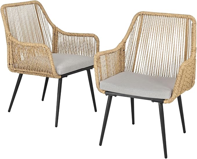 Patio Dining Chairs, Outdoor Dining Chairs with Armrest and Cushion Set of 6, Woven Twisted Wicker Rattan Chair, Modern Indoor Outdoor Seating for Garden, Lawn, Backyard, Natural