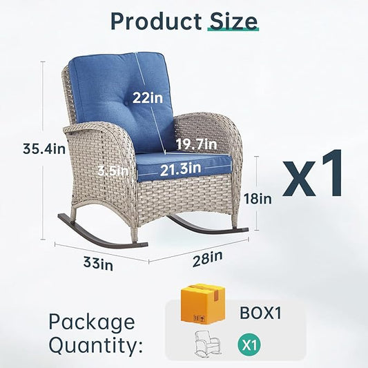 Patio Rocking Chair: Outdoor Wicker Rocker Porch Rocking Chair with Removable Cushion, 300 Lb Weight Capacity Rattan Rocking Seating for Balcony Garden Light Grey/Blue