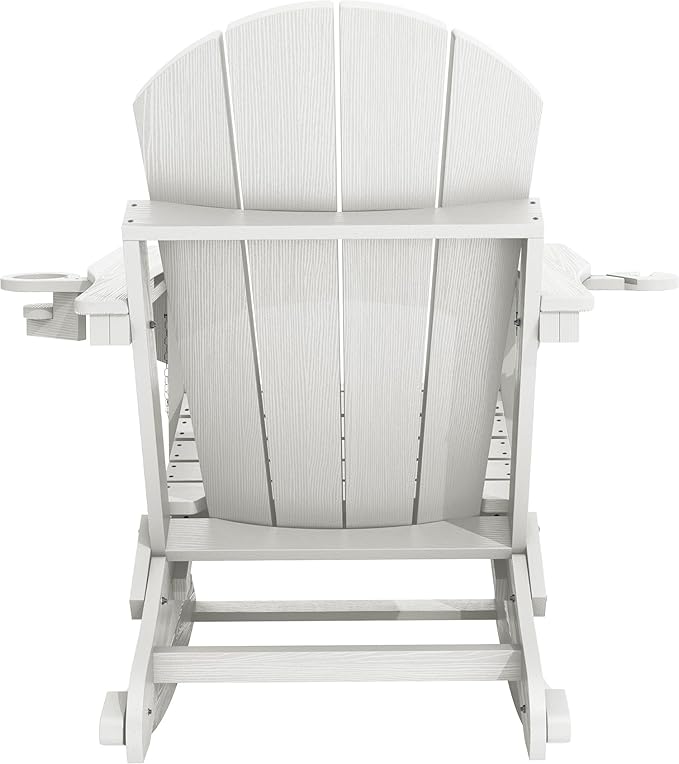 KINGYES Adirondack Rocking Chair with Retractable Ottoman and Cup Holders, HDPE Adirondack Rocker Patio Rocking Chair for Porch, Patio, Balcony, White