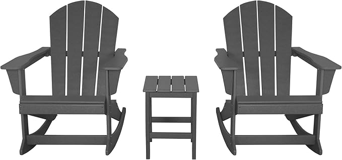 WO WESTIN OUTDOOR HDPE Laguna Outdoor Rocking Poly Adirondack Chair with Side Table 3-Piece Set, Gray