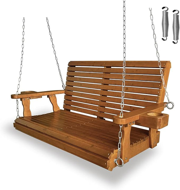 Wooden Porch Swing 2-Seater, High Backrest and Deep Seat, Bench Swing with Cupholders, Hanging Chains and 7mm Springs - Photo 1