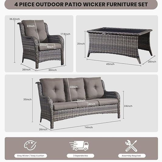 Belord Patio Wicker Furniture 4 Pieces Outdoor Furniture Set Patio Sofa Set with Wicker Chairs and Coffee Table, Paito Conversation Set for Porch Garden Deck Balcony Poolside