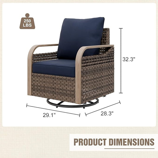 Modern Wicker Outdoor Swivel Rocking Chairs, Rattan Glider Rocker Chairs Patio Armchairs for Backyard, Deck, Porch, Garden, 4 Pieces, Brown/Blue