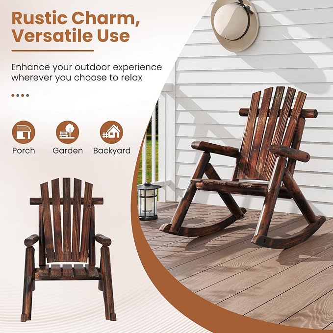 Tangkula Wood Rocking Chair Outdoor, Outside Adirondack Rocker with High Back and Slatted Seat, Oversized Porch Rocking Chair for Balcony, Garden, Backyard, Patio