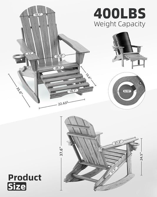 Folding Adirondack Rocking Chair Set of 4,4-in-1 Multifunctional Patio Chairs with Retractable Ottoman, Outdoor Chairs Wood Texture, Lawn Chair for Porch, Backyard, Pool(Grey)