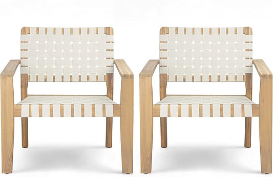 Merax Patio Furniture Acacia Wood Armchair Set of 2, 2 Pieces Woven Rope Outdoor Lounge Chair, Deep Seating Porch Chairs for Garden, Backyard Porch Balcony, Light Teak Finish & White