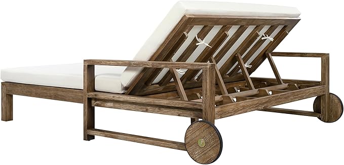 LZ LEISURE ZONE Farmhouse-Style Acacia Wood Outdoor Daybed for 2,Weather-Resistant Patio Lounger with 4-Position Adjustable Backrest & Wheels,High-Resilience Foam Cushions,for Poolside, Garden(Beige)