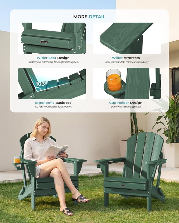 Ciokea Folding Adirondack Chair Wood Texture, Patio Adirondack Chair Weather Resistant, Plastic Fire Pit Chair with Cup Holder, Lawn Chair for Outdoor Porch Garden Backyard Deck (Green)