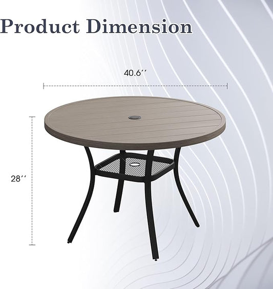 Outdoor Dining Table with Adjustable Umbrella Hole, 40.6" All-Weather Round Patio Dining Table for 4, Metal Patio Table with Storage Shelf for Garden Lawn Porch Deck Yard, Grey
