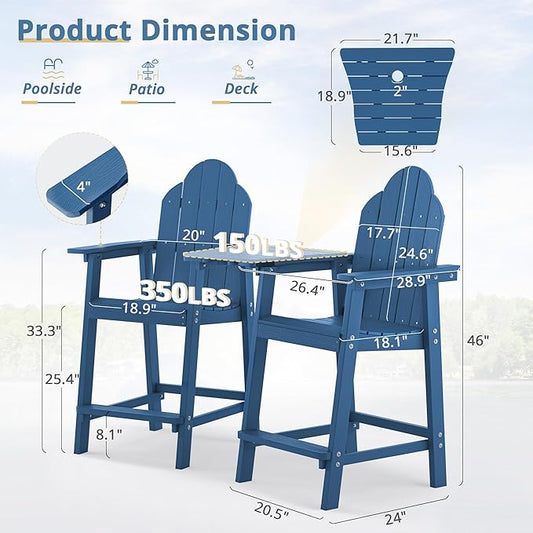 LUE BONA Tall Adirondack Chair Set of 2, All Weather HDPS Bar Height Adirondack Chair with Detachable Table & Umbrella Hole, Adirondack Barstools for Patio, Deck, Backyard & Commercial Use Navy Blue