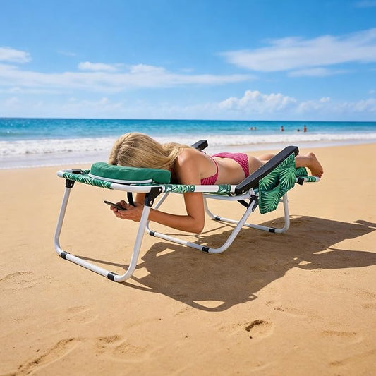 MOPHOTO Oversized Beach Lounge Chair, 5-Position Adjustable Tanning Chair with Face Hole, Heavy Duty Folding Chaise Lounge for Beach, Pool, Patio & Sunbathing