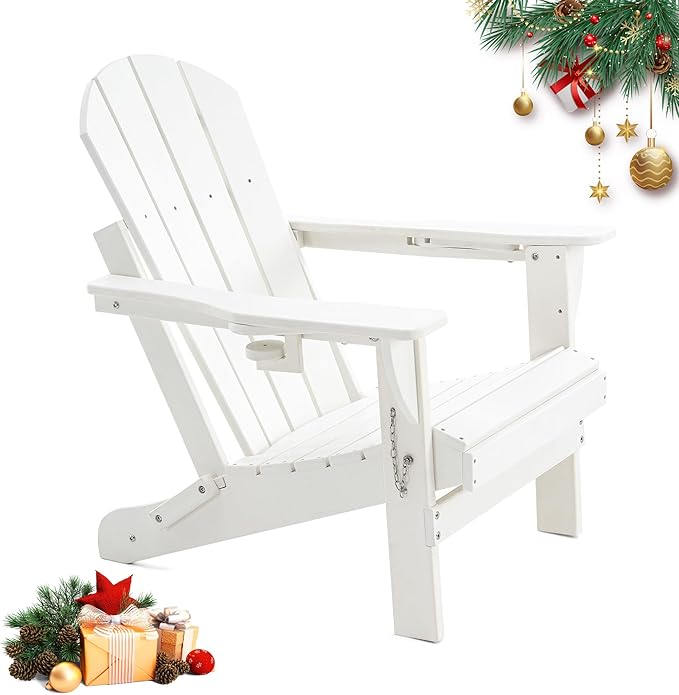 Folding Outdoor Adirondack Chairs Set of 1 with High&Reclining Back-HDPE Weather Resistant Patio Chairs with Cup and Phone Holder for Patio,Fire Pit, Garden and Backyard