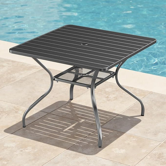 Rilyson Patio Tables Outdoor Dining Table - Metal Coffee Tables with 2-Tier Storage Shelf 1.57" Umbrella Hole for Outside Proch Deck Balcony Garden Rectangle
