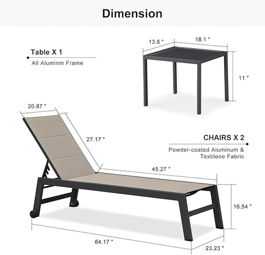 PURPLE LEAF Outdoor Chaise Lounge Set of 4 Aluminum Patio Lounge Chair with Wheels and Side Table Pool Chaise Lounge Chair for Outdoor Backyard Poolside Taupe (4 Lounges Chairs W/Table)