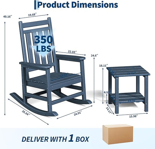 HDPE Rocking Chair Outdoor Set of 2 with Side Table - Poly High Back Porch Rocker Chairs for Adults - All Weather Resistant Furniture for Patio Front Porch - Navy Blue